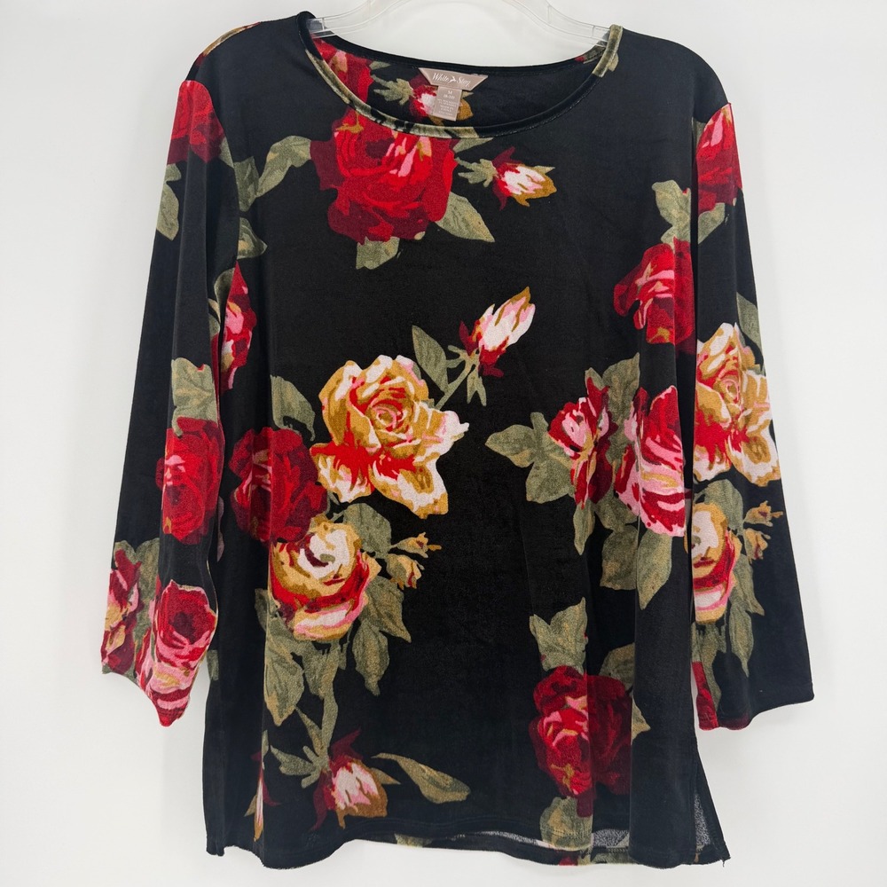 White Stag Womens Velvet Floral Rose Top Black Red Long Sleeve WSL47225P M 8-10